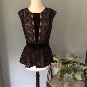 Anthropologie Alya Black Lace Velvet Peplum Top M